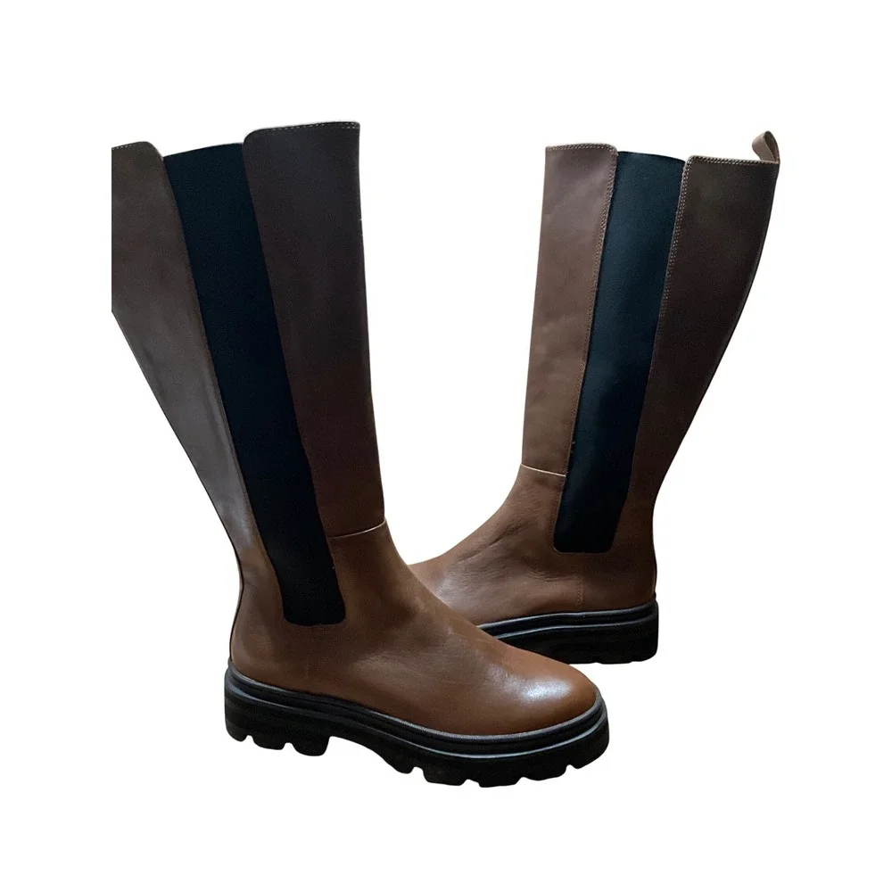 Madewell Brown Leather Lugsole Knee High Chelsea Boots Size 8 Lug Sole Platform